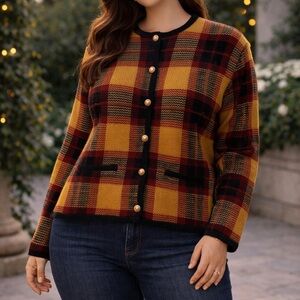 Karen Scott Tartan Plaid Button Front Cardigan Sweater Women's Petite Large Twee
